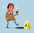 Busy man character going on the street listening to music by smartphone and did not see open manhole. Vector flat cartoon illustration
