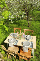 Wall Mural - Beautiful table setting with vase of flowers in garden