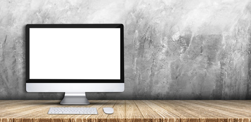 Poster - Desktop computer,keyboard,mouse on wood plank table top grey grunge concrete wall background,Mock up for display or montage of product,Banner or header for advertise on social media