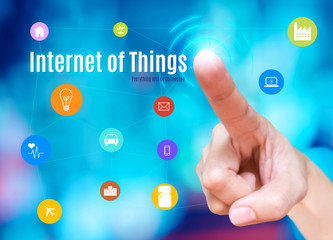 Poster - Finger point to Internet of things (IOT) word with features icon link network together on blue abstract background,Future Digital technology concept