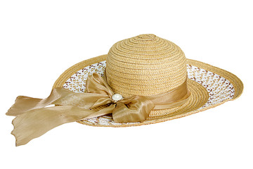 Wall Mural - Pretty straw hat with ribbon on white background