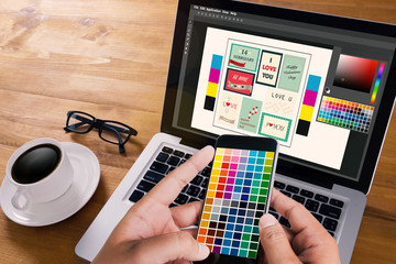 Aufkleber - Creative Designer Graphic at work. Color swatch samples, Illustrator Graphic designer working digital tablet and computer