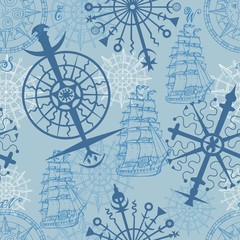 Wall Mural - Sea seamless background with marine symbols and ships. Hand drawn vector illustration