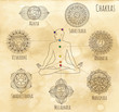  Mystic chart with hand drawn chakras and human silhouette. Hand drawn vector illustration