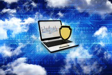 Poster - laptop with shield. Isolated 3d rendering image
