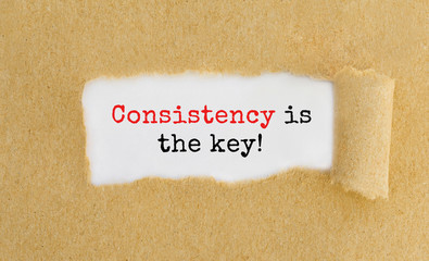 Poster - text consistency is the key appearing behind ripped brown paper.