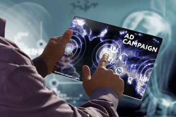 business, technology, internet and network concept. young businessman working on a virtual screen of