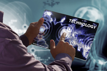 business, technology, internet and network concept. young businessman working on a virtual screen of