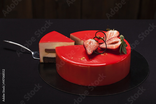 Strawberry Cake Covered With Red Mirror Glaze Decorated Berry Strawberry Cake Covered With Red Mirror Glaze Decorated Berry Pieces Gold And Chocolate