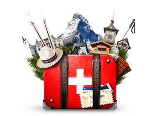 switzerland, retro suitcase with the sights of switzerland