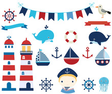 Nautical Vector Design Elements With Boats, Helms And Lighthouses For Summer Baby Showers And Invitations
