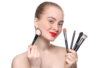 Wall Mural - Beauty, cosmetics, woman with makeup brushes