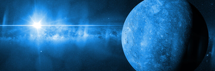 Wall Mural - blue planet Mercury in front of the Milky Way galaxy lit by the Sun