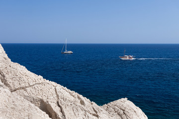 Wall Mural - Kolymbia beach with the rocky coast in Greece.