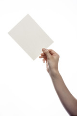 woman hand hold a paper(post card) isolated white.