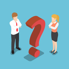 Poster - Isometric confused businessman with question mark sign.