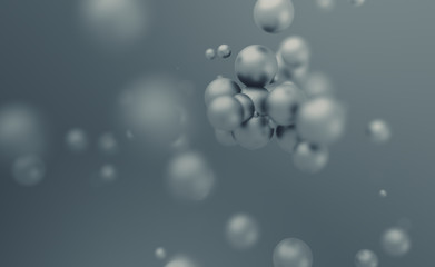 Poster - Abstract 3d rendering of chaotic spheres. Flying particles in empty space. Dynamic shape. Futuristic background with bokeh, depth of field effect. Design for poster, banner, placard.