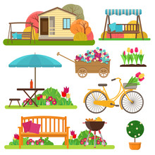 Set Of Beautiful Garden Scene With Flowers, Bike, Garden Furniture And Decor