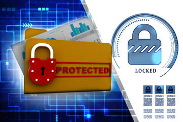 Poster - Yellow folder and lock. Data security concept. 3D rendering
