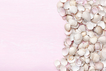 Poster - Seashells on pink wooden background