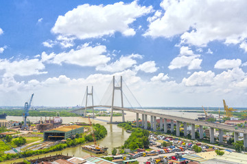 Ho Chi Minh City, Vietnam - May 1st, 2017: Aerial view of the Phu My suspension bridge, this is building beautiful cable-stayed bridge to show the country's development in Ho Chi Minh City, Vietnam