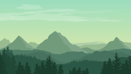 Wall Mural - Landscape with green silhouettes of mountains, hills and forest and clouds in the sky - vector illustration