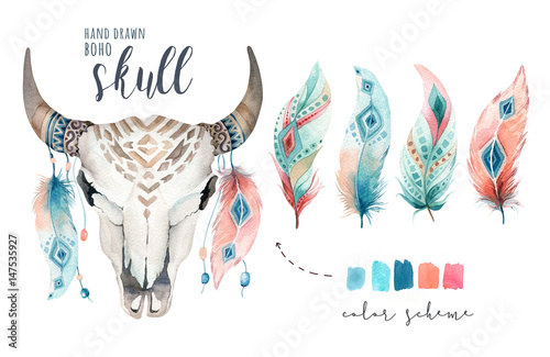 Watercolor Bohemian Cow Skull And Feather Western Mammals Boho