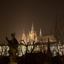 Cathedral And Statue Lit Up At Night