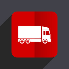 Poster - Delivery flat design white and red vector web icon on gray background with shadow in eps10.