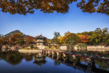 Fototapeta Krajobraz - hyangwonjeong pavilion taken during autumn season. during fall foliage. In Gyeongbokgung palace in seoul, south korea