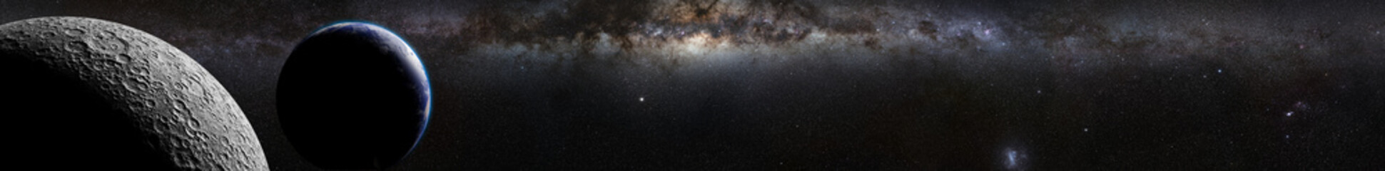 Wall Mural - moon in front of earth, sun and the milky way galaxy