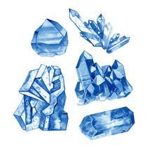 Watercolor Blue Crystal Gems Collection. Hand Painted Illustration With Minerals Isolated On White Background.