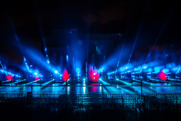 moscow international festival circle of light. laser colorful fountain show on moscow rowing basin