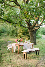 Picnic, Summer, Holiday Concept - Festive Table Setting Under Big Oak Tree In Forest, Openwork White Tablecloth, Wooden Bench And Chairs, Colorful Bouquet, Candlesticks, Fruits, Lemonade