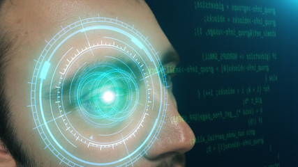 Poster - Futuristic concept. A young man reads the program code