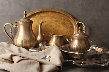 Canvas Print - Set of vintage tableware on gray background