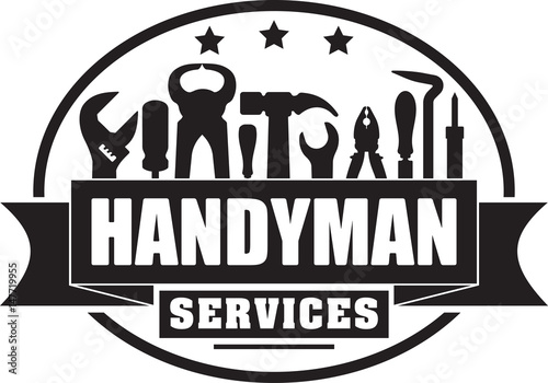 Fotomural Handyman services vector solid gubber stamp for your logo or emblem with banner and set of workers tools