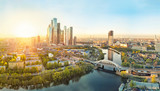 Sunrise over Moscow City district and Moscow river