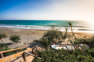 Wall Mural - Tropical sandy beach of Ligres, Crete, Greece, with big waves.