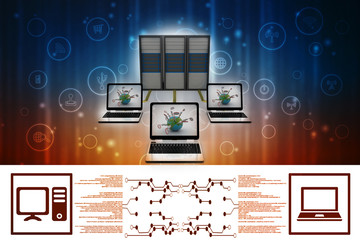 Poster - 3d illustration Data center server with laptop
