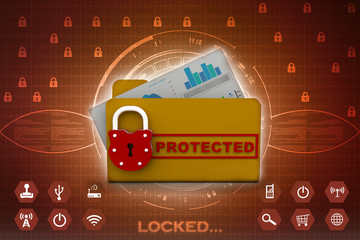 Poster - Yellow folder and lock. Data security concept. 3D rendering
