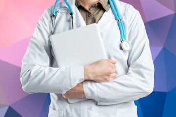 Hands of medical doctor woman with laptop