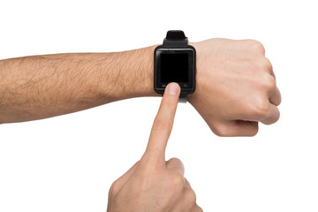 Mockup of hand wearing smart watch, cutout