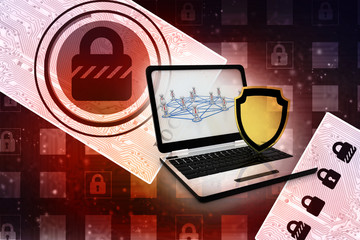 Poster - laptop with shield. Isolated 3d rendering image
