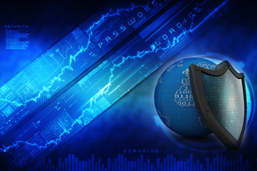 3d illustration security concept - shield on digital code background