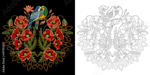 Download Embroidery Design Collection Of Floral Elements For Patches And Stickers Coloring Book Page With Budgie Parrots Poppy Flowers And Mandala Stock Vector Adobe Stock