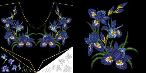 Embroidery neckline design. Collection of floral elements for dresses, collar t-shirts and blouses. Coloring outline drawing of iris flowers.