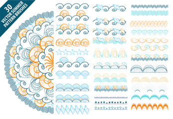 Summer vector pattern brushes with hand drawn colorful seashells and waves set