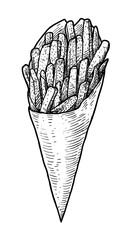 Wall Mural - French fries illustration, drawing, engraving, ink, line art, vector