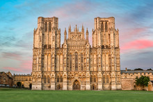 West Front Of Wells Cathedral At Sunset